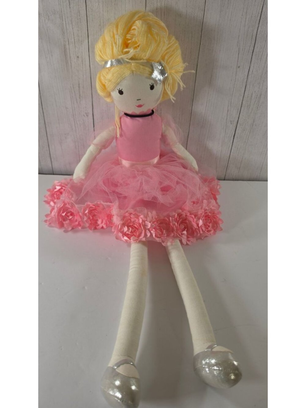 28" POTTERY BARN KIDS CLOTH RAG DOLL BLONDE YARN HAIR PINK TUTU FLOWER DRESS